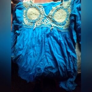 Blue Bohemian Blouse with Embroidered Details, S/M